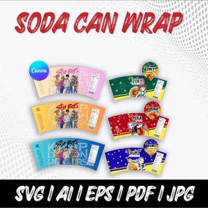 May include: A selection of soda can wraps with diverse designs. Some wraps feature the text "SAJA BOYS" and images of a group of people. Other wraps display the names "ZOEY", "MIRA", and "RUMI" with cartoon illustrations. The words "SODA CAN WRAP" are at the top.