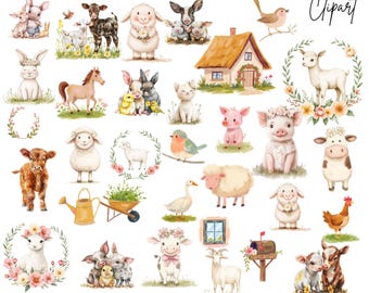 Farm Animals Floral Clipart: Nursery Graphics (Digital Download - 108 PNGs)