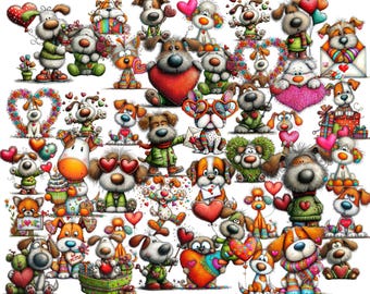 Clipart Saint-Valentin chiens fantaisistes : graphiques d'amour (Téléchargement numérique - 80 fichiers PNG)
