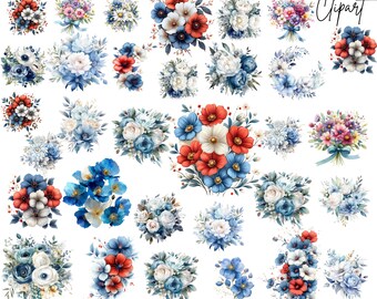 Flowers Arrangements Clipart: Blue White Floral Graphics (Digital Download - 75PNGs)