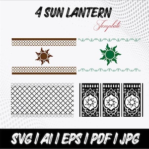 May include: A digital design template for sun lanterns. The image features various design elements, including sun motifs, decorative borders, and lattice patterns. The text "4 SUN LANTERN Template" is displayed at the top, with file format options at the bottom.