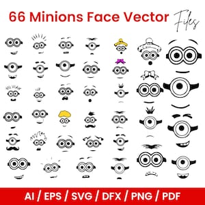 May include: A collection of 66 Minions face vector files in black and white. The image includes various facial expressions and accessories, such as hair, mustaches, and bows. The file formats are AI, EPS, SVG, DFX, PNG, and PDF.