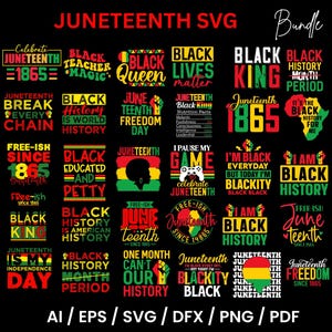 May include: A collection of Juneteenth-themed SVG designs in black, red, yellow, and green. The designs include text such as "Black Lives Matter," "Black History," and "Juneteenth 1865." The image also includes file format information.