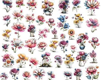 Whimsical Flowers Spring Clipart: Floral Graphics (Digital Download - 63 PNGs