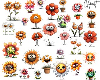 Cartoon Sunflower Summer Clipart: Floral Graphics - Transparent Background (Digital Download -71 PNGs)