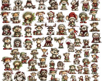 Kerst bosdieren clipart: Feestelijke vakantieafbeeldingen (digitale download - 60 PNG's)