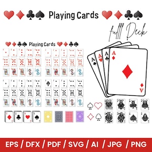 Op de afbeelding: Een compleet kaartspel met rode, zwarte en witte kleuren. De afbeelding toont verschillende kaartontwerpen, waaronder azen, plaatjeskaarten en genummerde kaarten. De tekst "Playing Cards" en "full Deck" zijn ook zichtbaar.