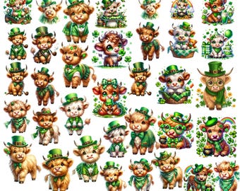 St. Patrick's Day Highland Cow Clipart – 35 Watercolor PNGs (Digital Download)