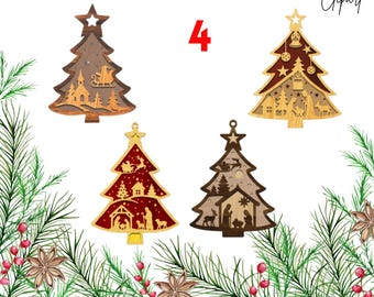 Pacchetto di 4 ornamenti per la Natività in formato SVG, taglio laser 3D, decorazione natalizia da appendere, Sacra Famiglia, stalla, religiosa.