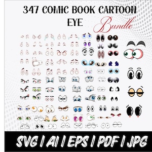 Può includere: Una collezione di 347 disegni di occhi dei cartoni animati in vari stili e colori, tra cui espressioni arrabbiate, felici e sorprese. L'immagine include il testo "347 COMIC BOOK CARTOON EYE Bundle" e le opzioni di tipo di file: SVG, AI, EPS, PDF e JPG.