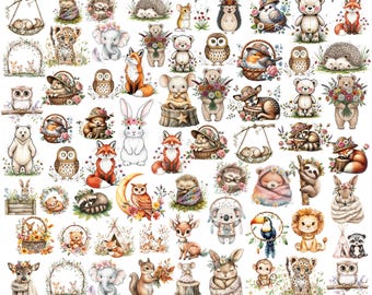 Whimsical Woodland Animals Floral Clipart: Nursery Graphics (Digital Download - 99 PNGs