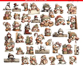 Grillige glurende sneeuwpop kerstclipart: feestelijke feestdagenafbeeldingen (digitale download: 41 png-bestanden)