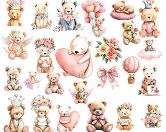 Watercolor Teddy Bear Clipart: Baby Teddies Graphics (Digital Download 66 PNGs)