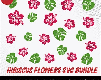 Hibiscus Flower SVG Bundle: Tropical Clipart, Monstera Leaf (Digital Download)