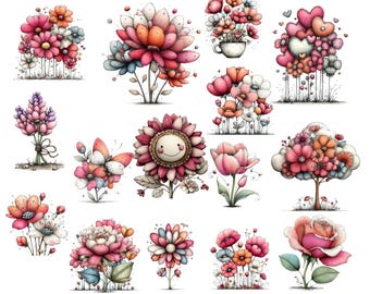 Whimsical Flowers Spring Clipart: Floral Graphics (Digital Download - 60PNGs