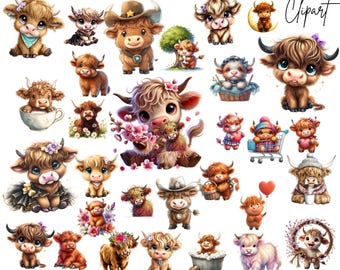 Highland Cow Floral Clipart: Whimsical Spring Graphics (Digital Download - 134PNGs