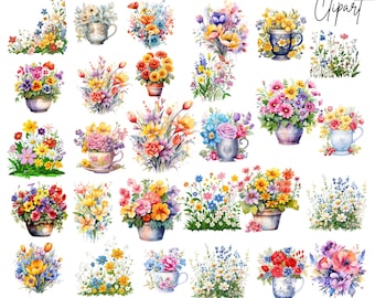 Colorful Flowers Arrangements Clipart: Yellow Pink Floral Graphics (Digital Download - 75 PNGs)