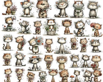 Watercolor Cat Clipart: Spring Floral Crown, 67 PNG (Digital Download)