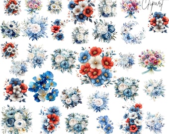 Flowers Arrangements Clipart: Blue White Floral Graphics (Digital Download - 75 PNGs)