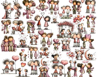 Clipart Valentijnsdagliefhebbers: grillige afbeeldingen (digitale download: 71 png-bestanden)