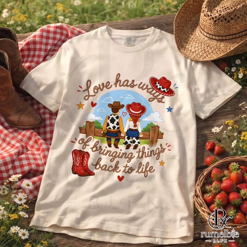 May include: A cream-colored t-shirt featuring a graphic of two cartoon characters in cowboy attire sitting on a wooden fence. The text reads, Love has ways of bringing things back to life, accompanied by illustrations of cowboy boots and hats.