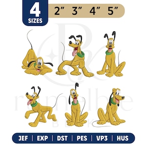 May include: Six yellow dog embroidery designs featuring a green collar, black ears, and various poses. The image includes text indicating 4 sizes of 2", 3", 4", and 5" inches, along with file formats JEF, EXP, DST, PES, VP3, and HUS for machine embroidery.