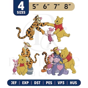 Könnte beinhalten: Ein Stickmuster mit Winnie Puuh, Tigger, Ferkel und I-Aah in verschiedenen Posen. Der Text 4 SIZES 5" 6" 7" 8" steht oben, und JEF, EXP, DST, PES, VP3, HUS sind unten aufgeführt. Die Figuren sind gelb, orange, rosa und blau gefärbt.