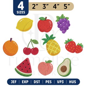 Puede incluir: Una colección de diez diseños de frutas bordadas que incluyen limón, manzana, uvas, naranja, cerezas, piña, fresas, rodaja de sandía, melocotón y aguacate. El texto indica 4 tamaños: 2", 3", 4" y 5". Formatos de archivo: JEF, EXP, DST, PES, VP3 y HUS.