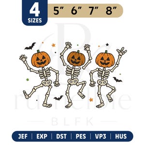 May include: An embroidery design featuring three dancing skeletons with orange pumpkin heads. The design includes small black bats, orange and green stars, and text indicating 4 sizes: 5", 6", 7", and 8". File formats listed are JEF, EXP, DST, PES, VP3, and HUS.