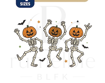May include: An embroidery design featuring three dancing skeletons with orange pumpkin heads. The design includes small black bats, orange and green stars, and text indicating 4 sizes: 5", 6", 7", and 8". File formats listed are JEF, EXP, DST, PES, VP3, and HUS.