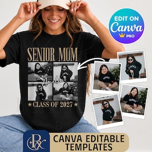Może przedstawiać: Czarny t-shirt z napisem SENIOR MOM oraz CLASS OF 2027 złotymi literami. Koszulka zawiera kolaż czterech czarno-białych zdjęć dziecka ubranego w bluzę z imieniem Amelia napisanym kursywą.