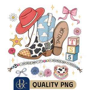 May include: A digital illustration featuring a red cowboy hat, a cow-print boot with a blue sky and cloud pattern, the number 13, and the name Taylor. Includes a pink bow, a star badge, alphabet blocks with T, S, 5, a beaded bracelet with the text I KNEW IT I KNEW YOU, and a heart-shaped cake.