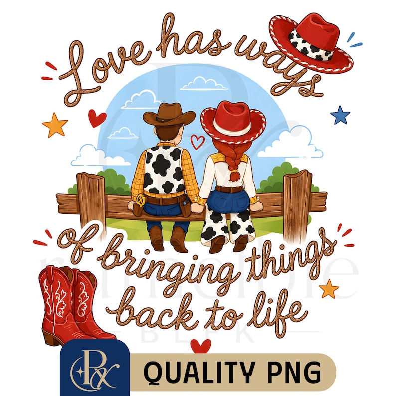 May include: A digital illustration featuring two figures sitting on a wooden fence, wearing cowboy hats, vests with cow print, and blue jeans. The text reads Love has ways of bringing things back to life, accompanied by red boots and stars.