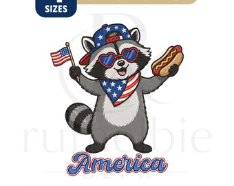 Feral And Free Raccoon Embroidery Design, Patriotic Raccoon Embroidery File, Fourth Of July Machine Embroidery