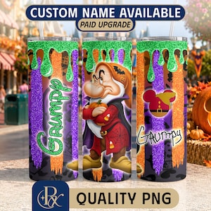 Op de afbeelding: Een cilindrische beker met een glitterend paars, oranje en zwart patroon met groene slijmdruppels aan de bovenkant. Het toont een stripfiguur met een pompoen, een Mickey-vormig icoon en de tekst Grumpy in groen en zwart schrift.