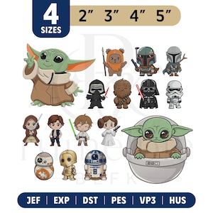 May include: A collection of Star Wars character designs, including Yoda, Darth Vader, and others. The designs are available in four sizes: 2", 3", 4", and 5". The image also displays various file formats.