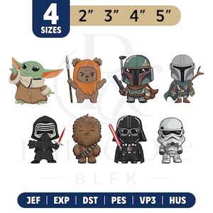 May include: A selection of cartoon character designs from the Star Wars franchise. The characters include Baby Yoda, an Ewok, Boba Fett, The Mandalorian, Kylo Ren, Chewbacca, Darth Vader, and a Stormtrooper. The image also includes size options.