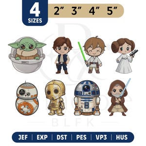 Könnte beinhalten: Eine Sammlung von Cartoon-Charakter-Designs aus dem Star Wars-Franchise. Die Designs zeigen Charaktere wie Yoda, Han Solo, Luke Skywalker, Prinzessin Leia, BB-8, C-3PO, R2-D2 und Obi-Wan Kenobi. Die Bildgrößen sind 5 cm, 7.6 cm, 10.2 cm und 12.7 cm.