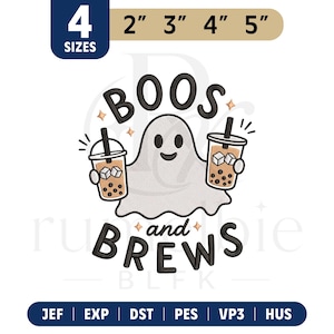 May include: An embroidery design featuring a white ghost holding two bubble tea cups with ice cubes and boba pearls. The text reads BOOS and BREWS. The design includes size options of 2, 3, 4, and 5 inches and file formats JEF, EXP, DST, PES, VP3, and HUS.