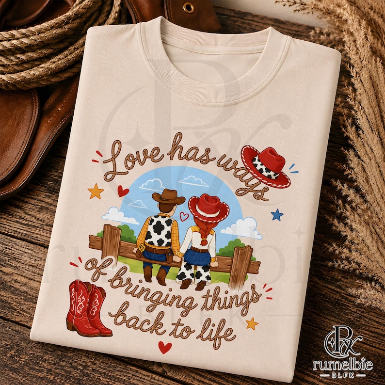 May include: A cream-colored t-shirt featuring a graphic of two figures in cowboy attire sitting on a wooden fence. The text reads, Love has ways of bringing things back to life. The design includes red cowboy boots, stars, and hearts.