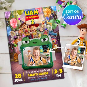 May include: A birthday invitation template featuring Toy Story characters, a green frog-shaped photo frame, and text reading LIAM IS TURNING 2, Join us as we Celebrate LIAM'S HOUSE, 28 JUNE, 3-5 PM, 123 Anywhere st., Any City, ST Zip, RSVP AT: +123-456-7890.