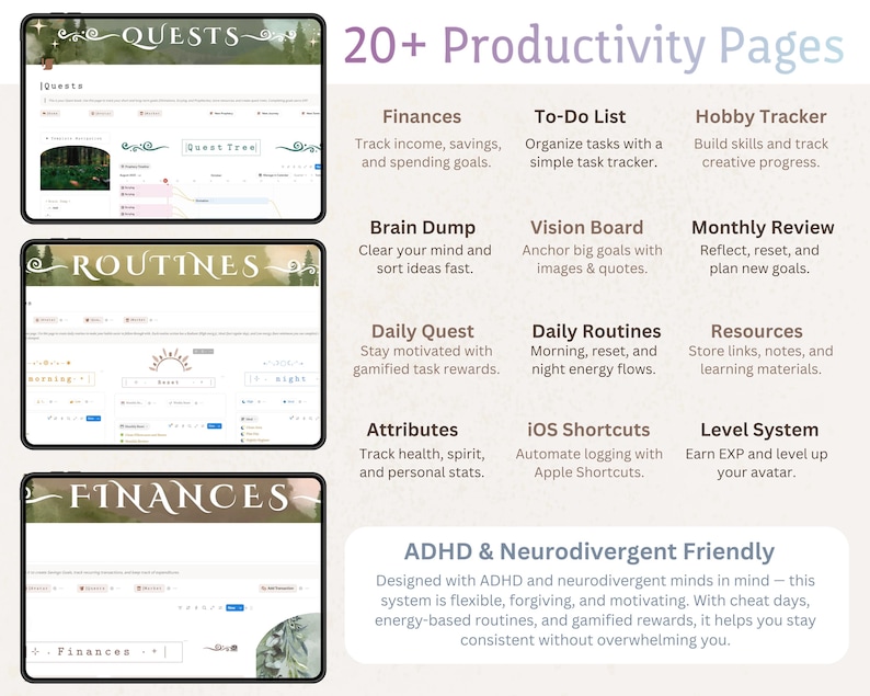 ADHD Notion Gamified RPG Template Digital Planner: Habit Tracker, Productivity Planner, Goal Planner