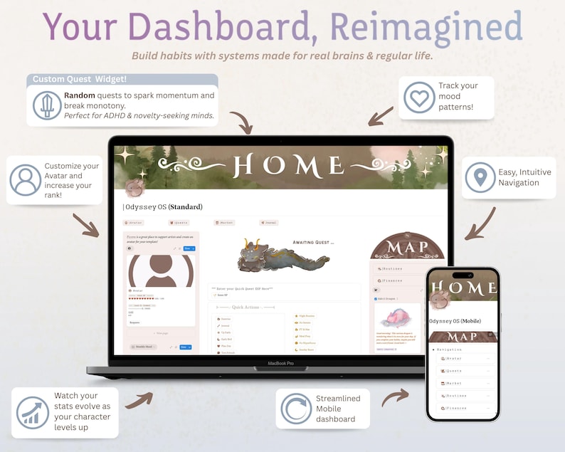 ADHD Notion Gamified RPG Template Digital Planner: Habit Tracker, Productivity Planner, Goal Planner