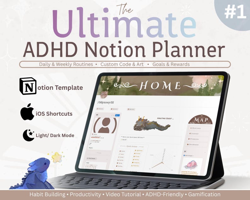 ADHD Notion Gamified RPG Template Digital Planner: Habit Tracker, Productivity Planner, Goal Planner