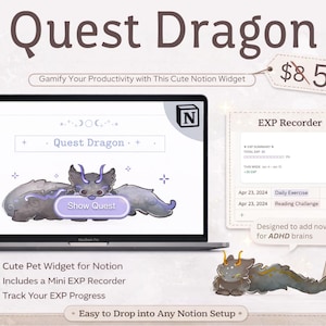 Può includere: Annuncio per il widget Notion "Quest Dragon", con uno schermo di laptop che mostra l'interfaccia del widget, un'illustrazione di drago e un registratore EXP. Il testo include "Gamifica la tua produttività" e "Widget carino".