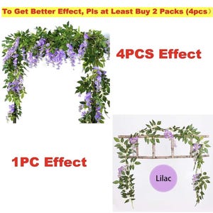 May include: Artificial wisteria garland with purple flowers and green leaves. The image shows the effect of using one piece versus four pieces. The word "Lilac" is in a purple circle.