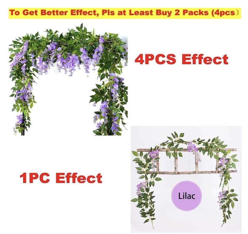 May include: Artificial wisteria garland with purple flowers and green leaves. The image shows the effect of using one piece versus four pieces. The word "Lilac" is in a purple circle.