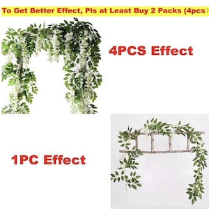 May include: Artificial wisteria garland with green leaves and white flowers. The image shows the effect of using 1 or 4 pieces of the garland. Text on the image reads: "To Get Better Effect, Pls at Least Buy 2 Packs (4pcs)".
