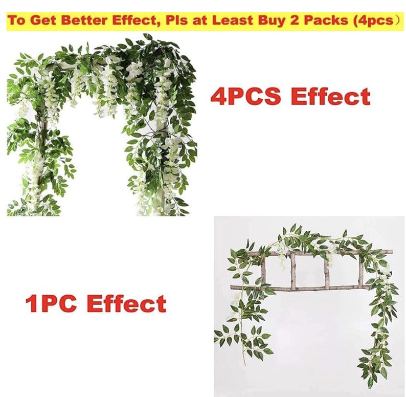May include: Artificial wisteria garland with green leaves and white flowers. The image shows the effect of using 1 or 4 pieces of the garland. Text on the image reads: "To Get Better Effect, Pls at Least Buy 2 Packs (4pcs)".