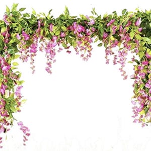 May include: Artificial wisteria garland with cascading purple flowers and green leaves. The garland is designed to be draped, creating a decorative floral accent for events or home decor.